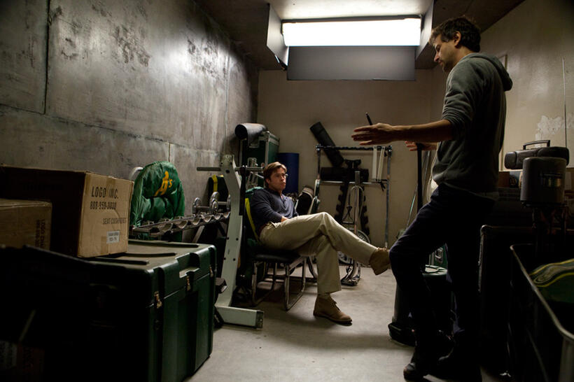 Brad Pitt and director Bennett Miller on the set of "Moneyball."