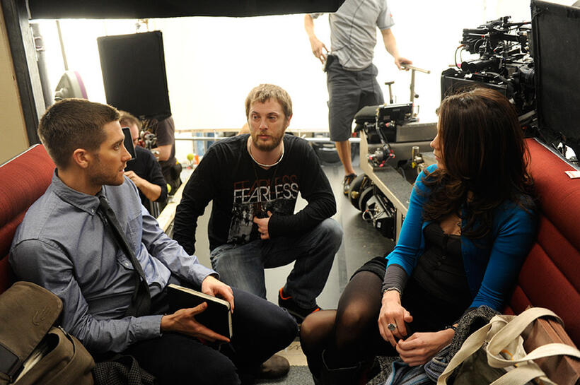 Jake Gyllenhaal, director Duncan Jones and Michelle Monaghan on the set of "Source Code."