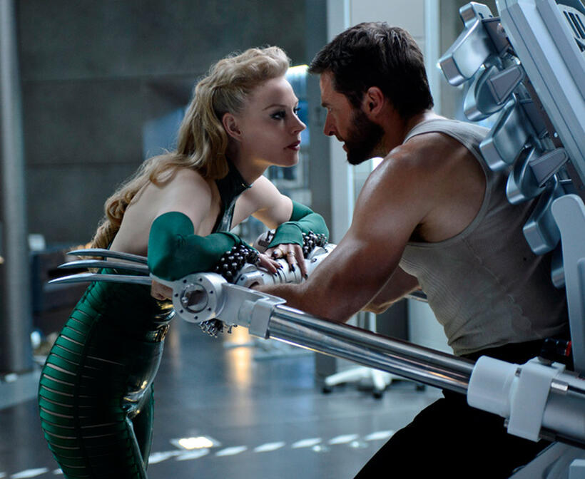 Svetlana Khodchenkova as Viper and Hugh Jackman as Logan in "The Wolverine."