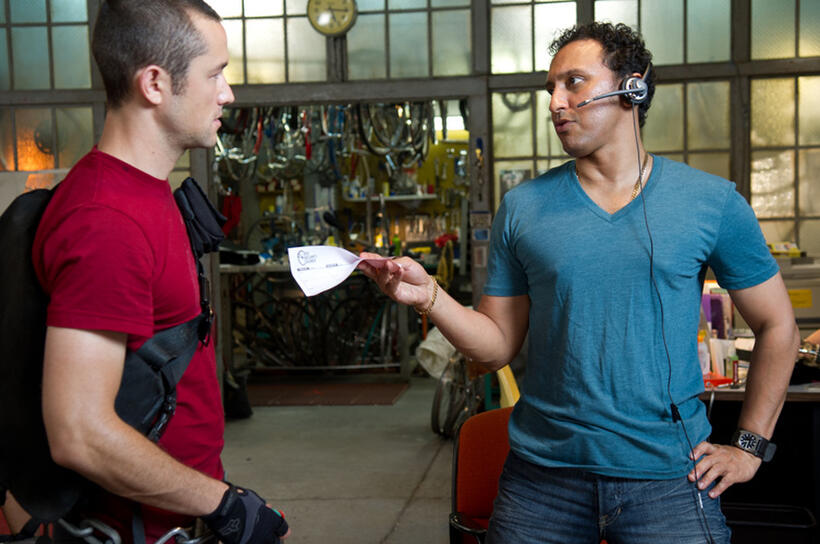 Joseph Gordon-Levitt and Aasif Mandvi in "Premium Rush."