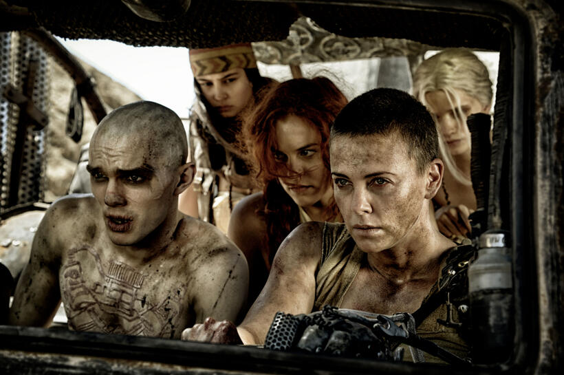 Nicholas Hoult as Nux, Courtney Eaton as Fragile, Riley Keough as Capable, Charlize Theron as Furiosa and Abbey Lee Kershaw as Wag in "Mad Max: Fury Road."