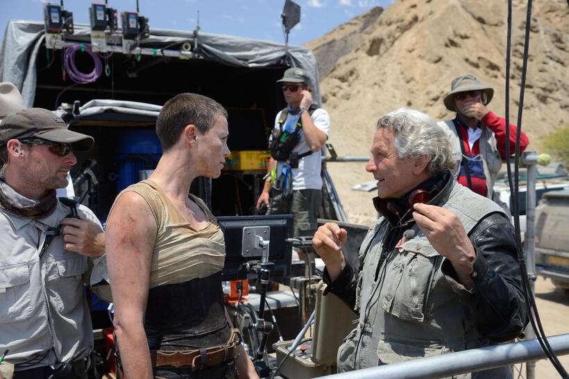 Charlize Theron and director George Miller on the set of "Mad Max: Fury Road."
