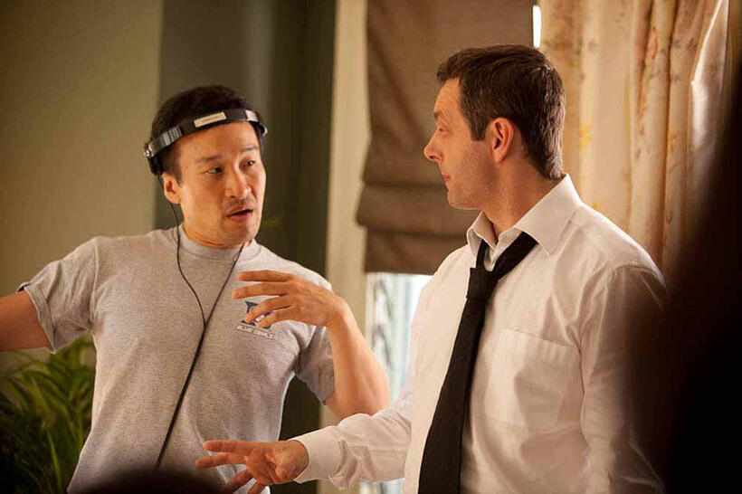 Director Shawn Ku and Michael Sheen on the set of "Beautiful Boy."