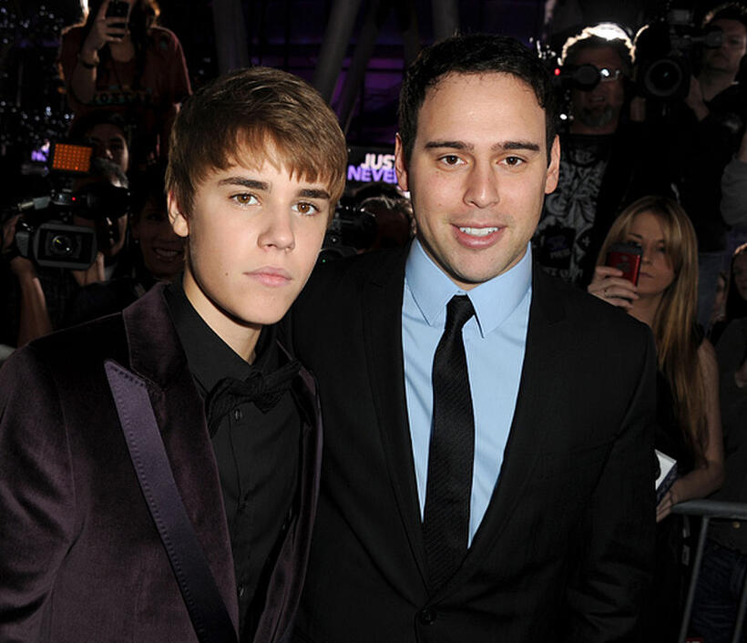 Justin Bieber and Scooter Braun at the California premiere of "Justin Bieber: Never Say Never."