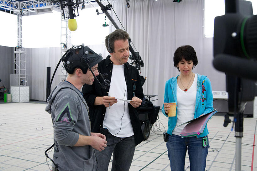 Seth Green, director Simon Wells and Wendy Wells on the set of "Mars Needs Moms."