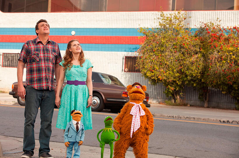 Jason Segel as Gary, Amy Adams as Mary, Walter, Kermit and Fozzie Bear in "The Muppets."