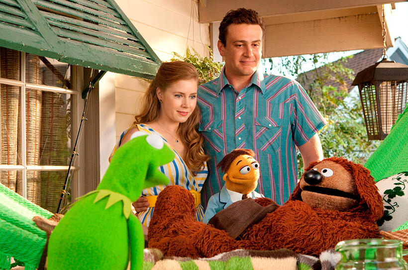 Kermit The Frog, Rowlf the Dog, Amy Adams as Mary, Walter and Jason Segel as Gary in "The Muppets."