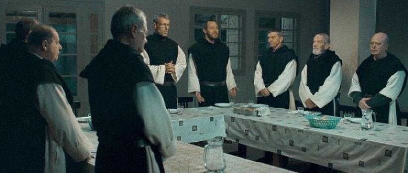 Olivier Perrier as Bruno, Philippe Laudenbach as Celestin, Lambert Wilson as Christian, Olivier Rabourdin as Christophe, Loic Pichon as Jean-Pierre, Jacques Herlin as Amedee and Jean-Marie Frin as Paul in "Of Gods and Men."