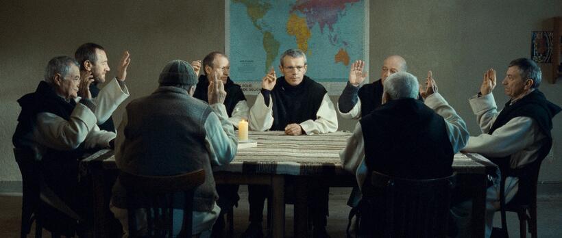 Philippe Laudenbach as Celestin, Xavier Maly as Michel, Lambert Wilson as Christian, Jean-Marie Frin as Paul, Loic Pichon as Jean-Pierre, Michael Lonsdale as Luc and Jacques Herlin as Amedee in "Of Gods and Men."