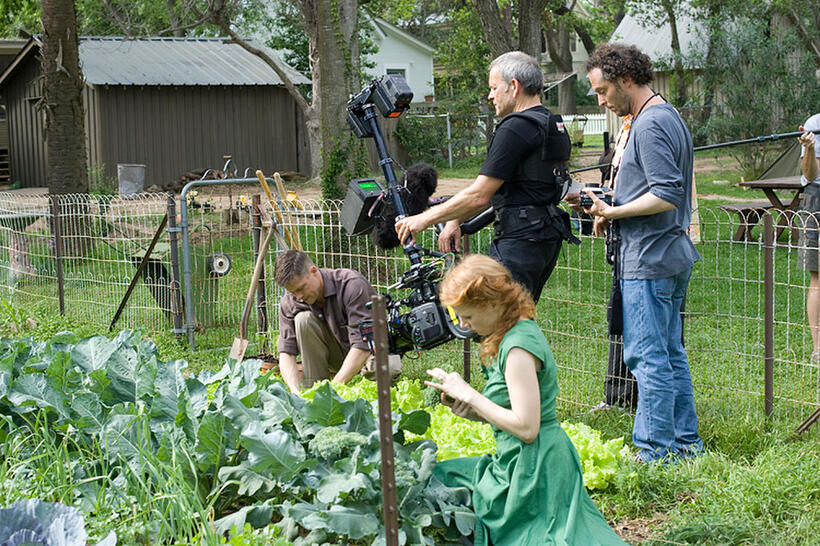 Brad Pitt, Jessica Chastain, Steadicam Operator Joerg Widmer and Emmanuel Lubezk on the set of "The Tree of Life."