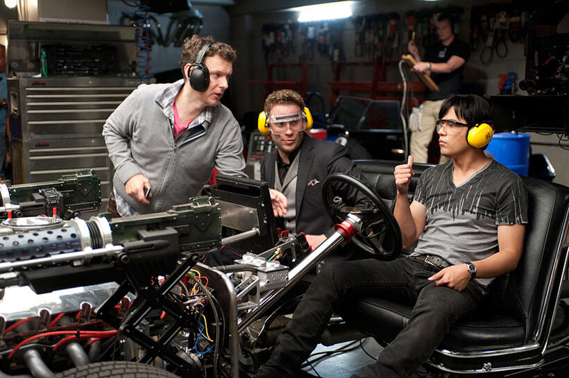 Director Michel Gondry, Seth Rogen and Jay Chou on the set of "The Green Hornet."