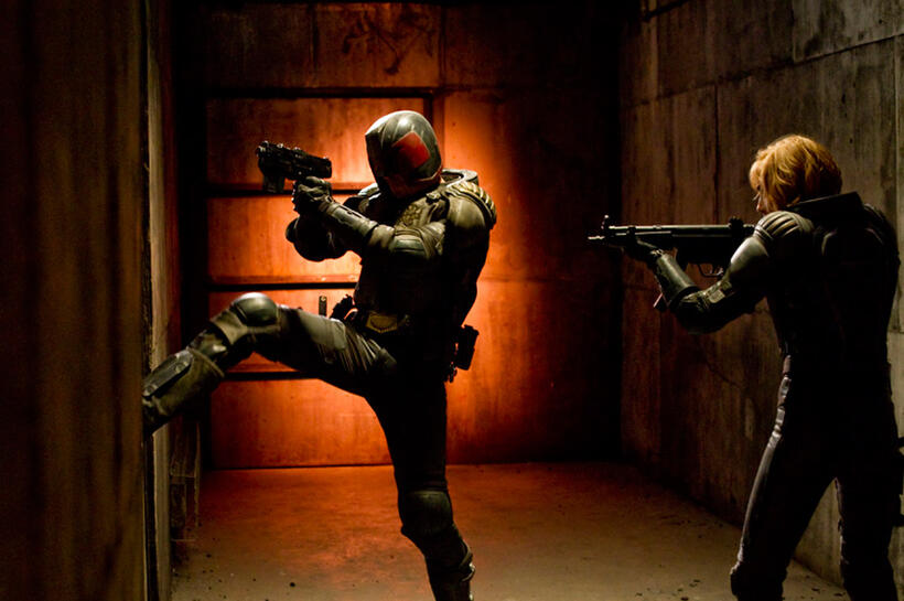 Karl Urban as Judge Dredd and Olivia Thirlby as Anderson in "Dredd."