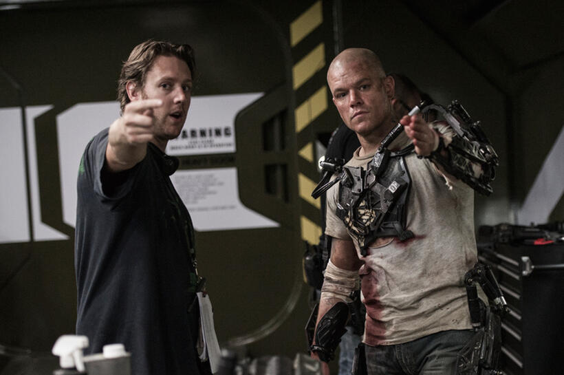 Director Neill Blomkamp and Matt Damon on the set of "Elysium."