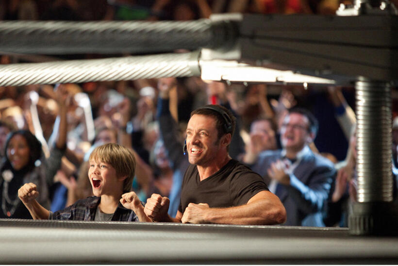 Dakota Goyo as Max and Hugh Jackman as Charlie Kenton in "Real Steel."