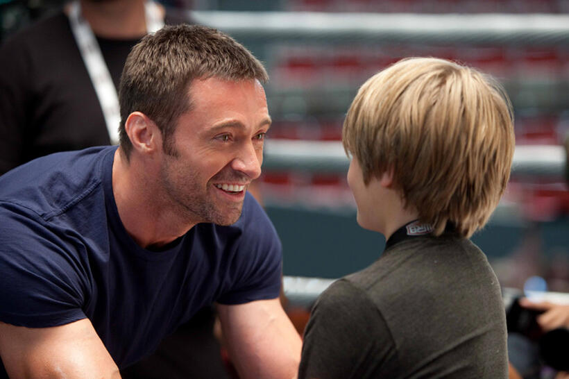 Hugh Jackman as Charlie Kenton and Dakota Goyo as Max in "Real Steel."