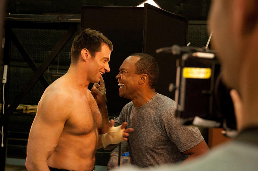 Hugh Jackman and boxing consultant Sugar Ray Leonard on the set of "Real Steel."