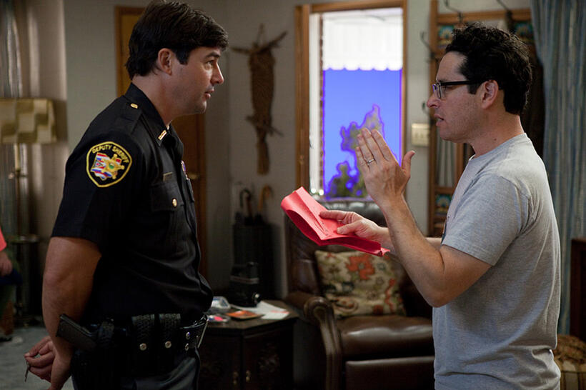 Kyle Chandler and director/writer/producer J.J. Abrams on the set of "Super 8."