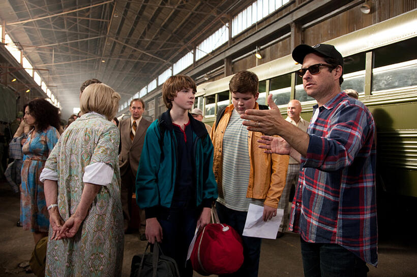 Joel Courtney, Riley Griffiths and director/writer/producer J.J. Abrams on the set of "Super 8."