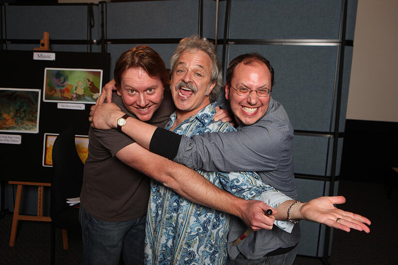 Don Hall, Jim Cummings and Stephen J. Anderson on the set of "Winnie The Pooh."