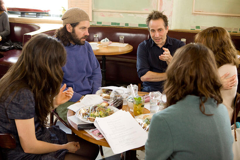 Zooey Deschanel, Paul Rudd, director/executive producer Jesse Peretz, Elizabeth Banks and Emily Mortimer on the set of "Our Idiot Brother."