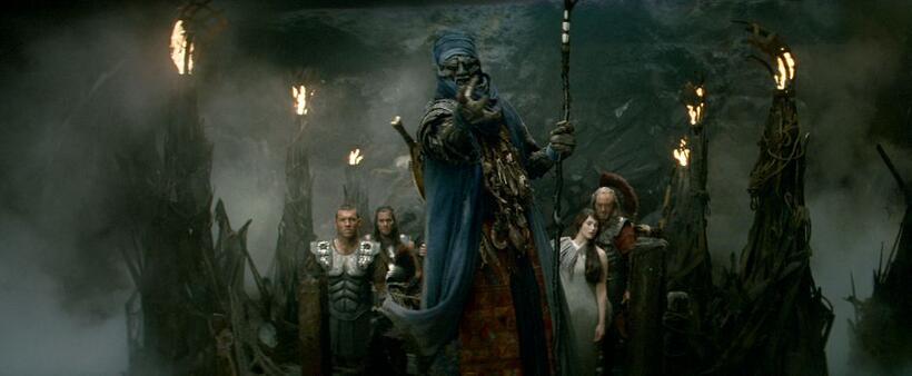 Sam Worthington as Perseus, Hans Matheson as Ixas, Ian Whyte as Sheikh Suleiman, Gemma Arterton as Io and Liam Cunningham as Solon in "Clash of the Titans."