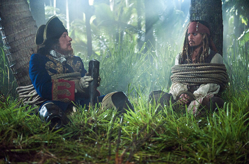 Geoffrey Rush as Captain Hector Barbossa and Johnny Depp as Captain Jack Sparrow in "Pirates of the Caribbean: On Stranger Tides."