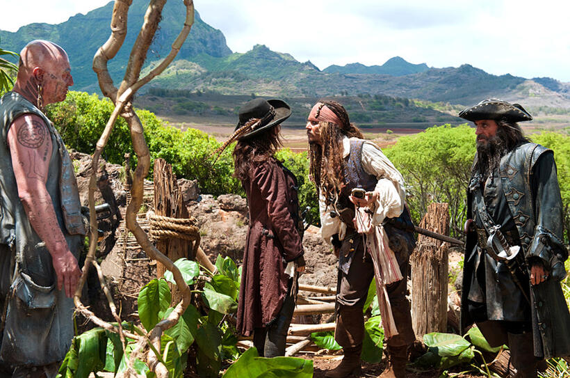 Ian Mercer as Quartermaster, Penelope Cruz as Angelica, Johnny Depp as Captain Jack Sparrow and Ian Mcshane as Blackbeard in "Pirates Of The Caribbean: On Stranger Tides."