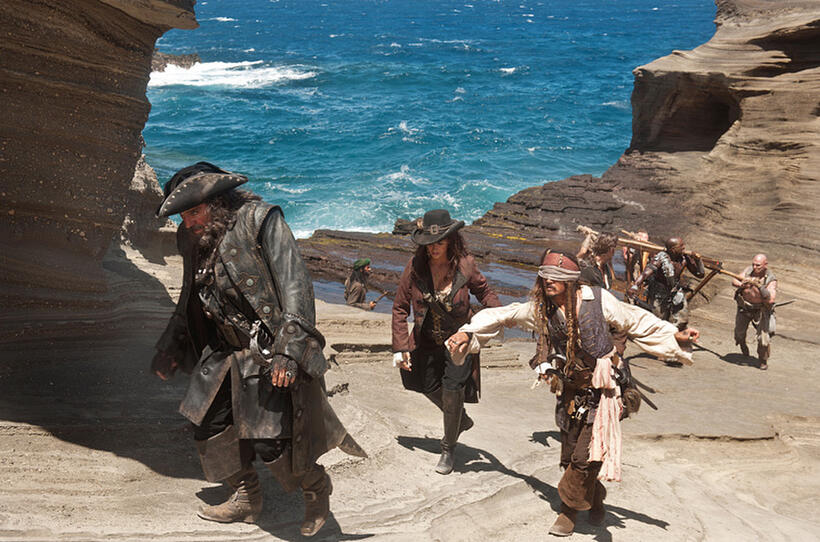 Ian Mcshane as Blackbeard, Penelope Cruz as Angelica and Johnny Depp as Captain Jack Sparrow in "Pirates Of The Caribbean: On Stranger Tides."