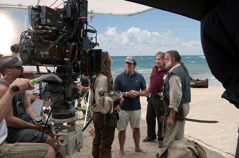 Johnny Depp, director Rob Marshall, screenwriter Terry Rossio and Kevin R. Mcnally on the set of "Pirates Of The Caribbean: On Stranger Tides."