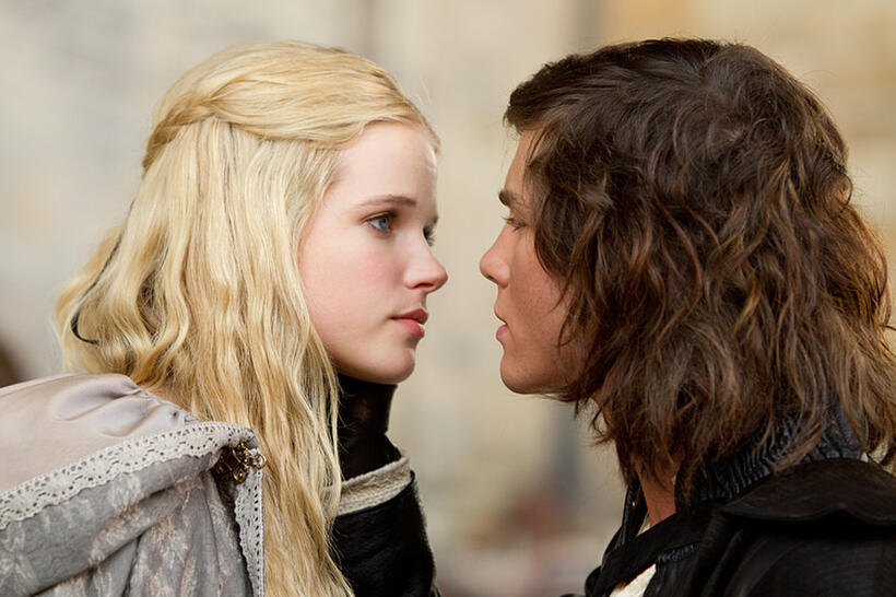 Gabriella Wilde as Constance and Logan Lerman as D'Artagnan in "The Three Musketeers."