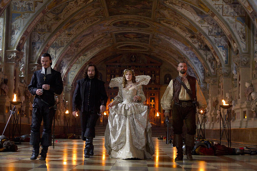 Luke Evans as Athos, Matthew MacFadyen as Aramis, Milla Jovovich as Milady de Winter and Ray Stevenson as Porthos in "The Three Musketeers."