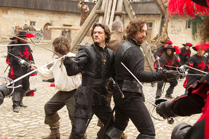 Logan Lerman as D'Artagnan, Luke Evans as Athos, Ray Stevenson as Porthos and Matthew MacFadyen as Aramis in "The Three Musketeers."