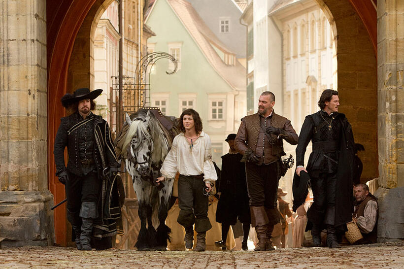 Matthew MacFadyen as Aramis, Logan Lerman as D'Artagnan, Ray Stevenson as Porthos and Luke Evans as Athos in "The Three Musketeers."