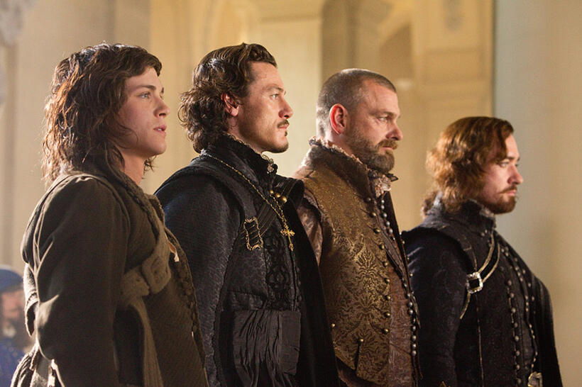 Logan Lerman as D'Artagnan, Luke Evans as Athos, Ray Stevenson as Porthos and Matthew MacFadyen as Aramis in "The Three Musketeers."