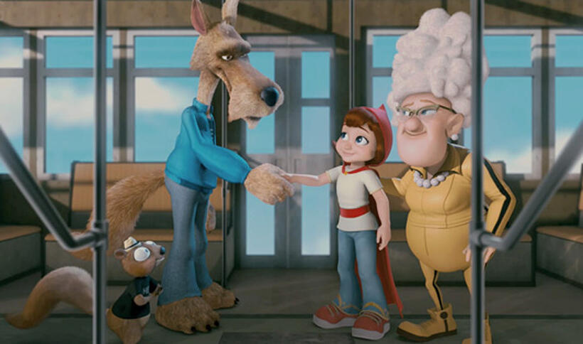 Wolf voiced by Patrick Warburton, Red voiced by Hayden Panetiere and Granny voiced by Glenn Close in "Hoodwinked Too! Hood vs. Evil."