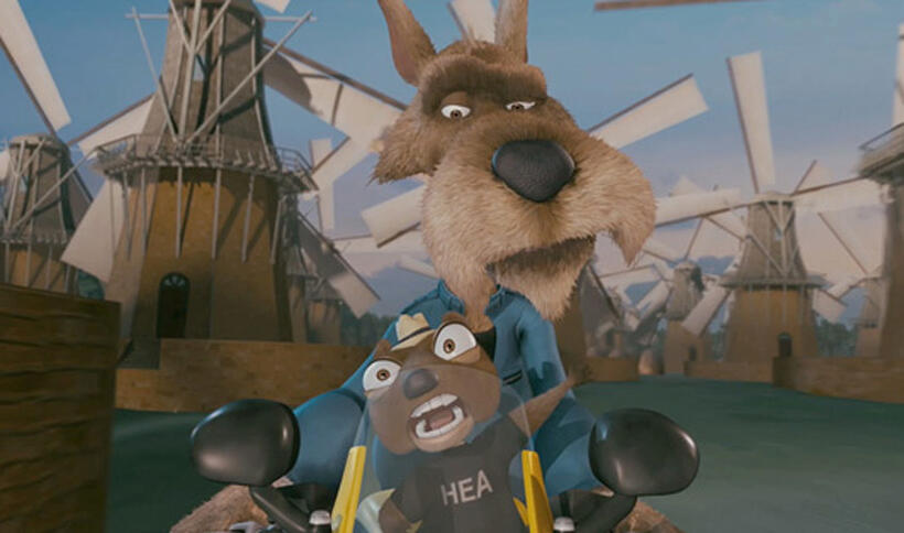 Wolf voiced by Patrick Warburton and Twitchy voiced by Cory Edwards in "Hoodwinked Too! Hood vs. Evil."