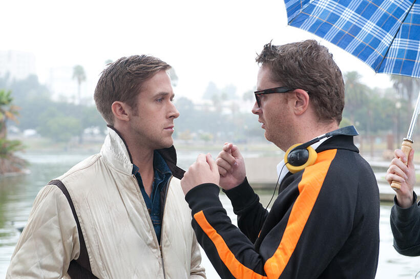 Ryan Gosling and director Nicolas Winding Refn on the set of "Drive."