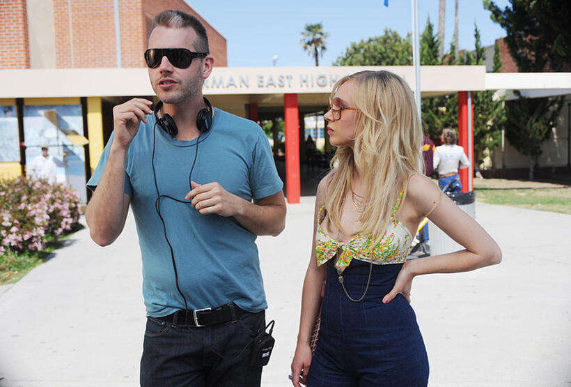 Director Abe Sylvia and Juno Temple on the set of "Dirty Girl."