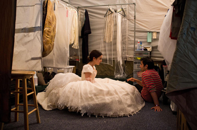 Lily Collins and director Tarsem Singh on the set of "Mirror Mirror."