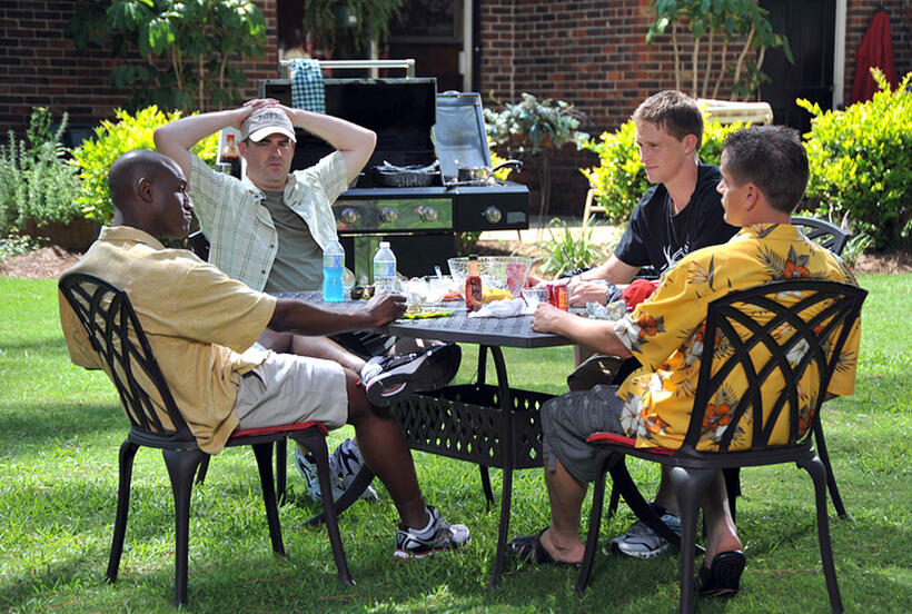Ken Bevel as Nathan, Alex Kendrick as Adam Mitchell, Ben Davies as David and Kevin Downes as Shane in "Courageous."