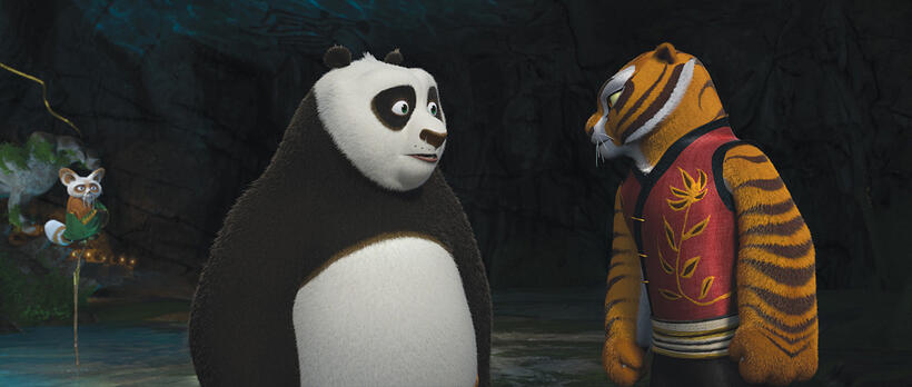 Shifu voiced by Dustin Hoffman, Po voiced by Jack Black and Tigress voiced by Angelina Jolie in "Kung Fu Panda 2."