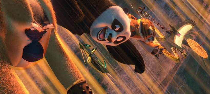 Monkey voiced by Jackie Chan, Po voiced by Jack Black, Mantis voiced by Seth Rogen, Tigress voiced by Angelina Jolie, Viper voiced by Lucy Liu and Crane voiced by David Cross in "Kung Fu Panda 2."
