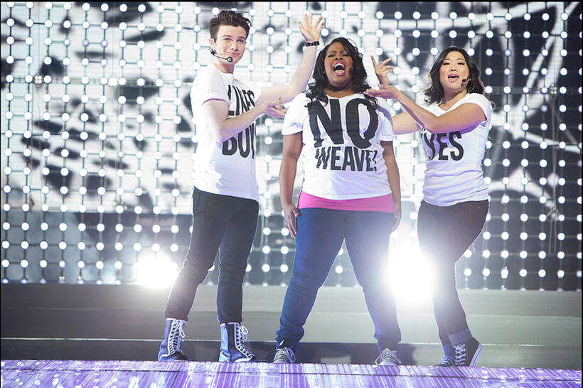 Chris Colfer as Kurt, Amber Riley as Mercedes and Jenna Ushkowitz as Tina in "Glee the Concert Movie."