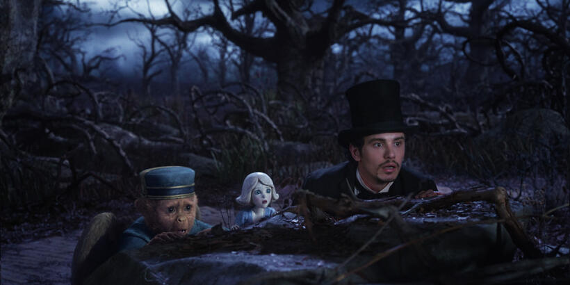 Finley voiced by Zach Braff, China Girl voiced by Joey King and James Franco in "Oz: The Great and Powerful."
