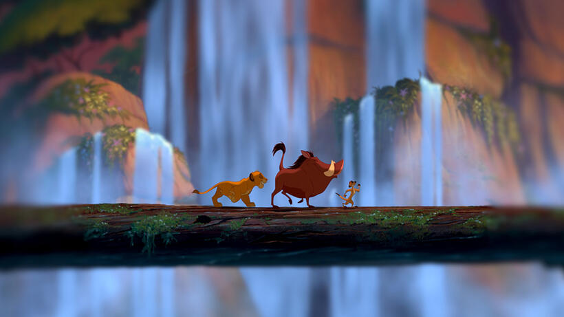 Simba voiced by Jonathan Taylor Thomas, Pumbaa voiced by Ernie Sabella and Timon voiced by Nathan Lane in "The Lion King 3D."