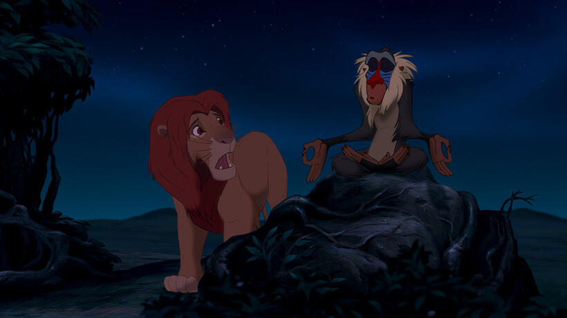 Simba voiced by Matthew Broderick and Rafiki voiced by Robert Guillaume in "The Lion King 3D."