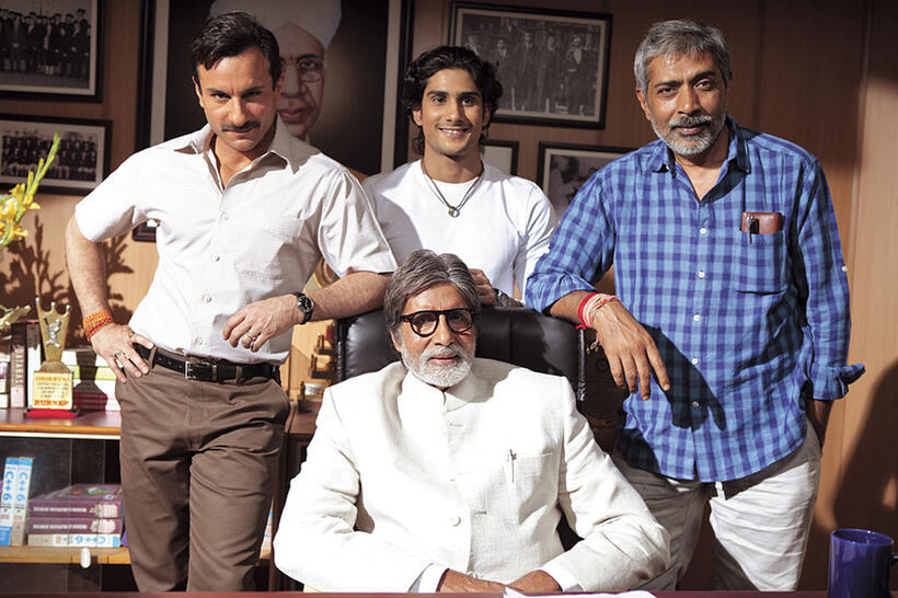 Saif Ali Khan, Prateik Babbar, Amitabh Bachchan and director Prakash Jha on the set of "Aarakshan."