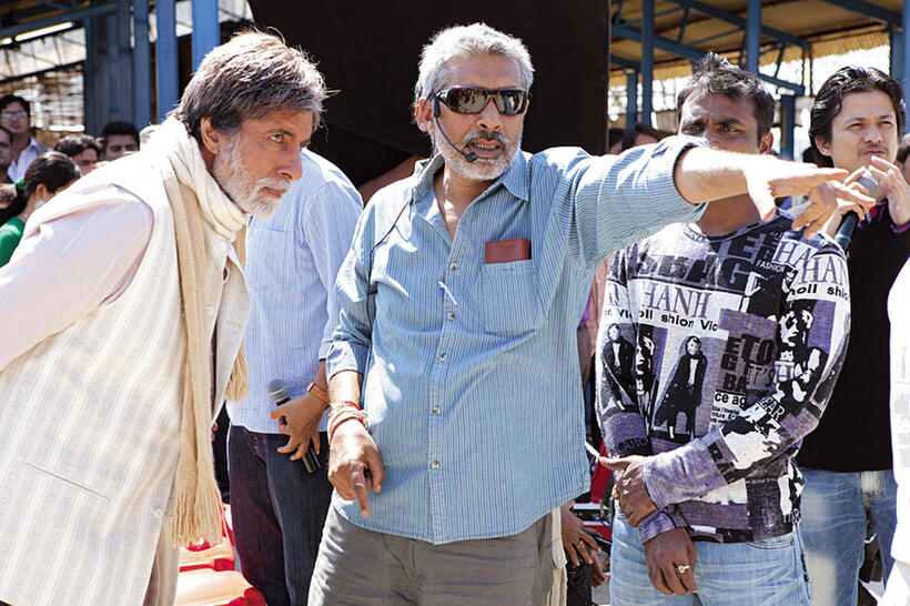 Amitabh Bachchan and director Prakash Jha on the set of "Aarakshan."