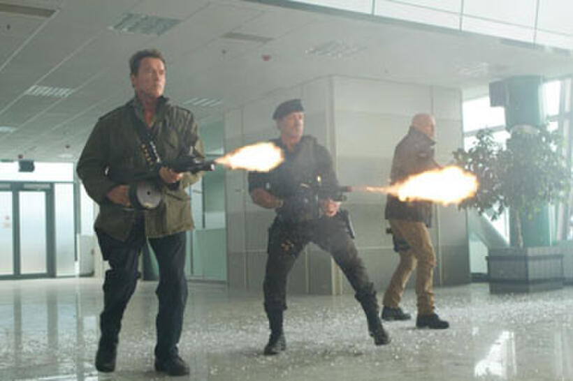 Arnold Schwarzenegger, Sylvester Stallone and Bruce Willis in "The Expendables 2."