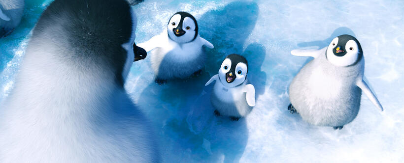 Mumble voiced by Elijah Wood, Bo voiced by Meibh Campbell, Erik, voiced by Ava Acres and Atticus voiced by Benjamin Flores Jr. in "Happy Feet Two."